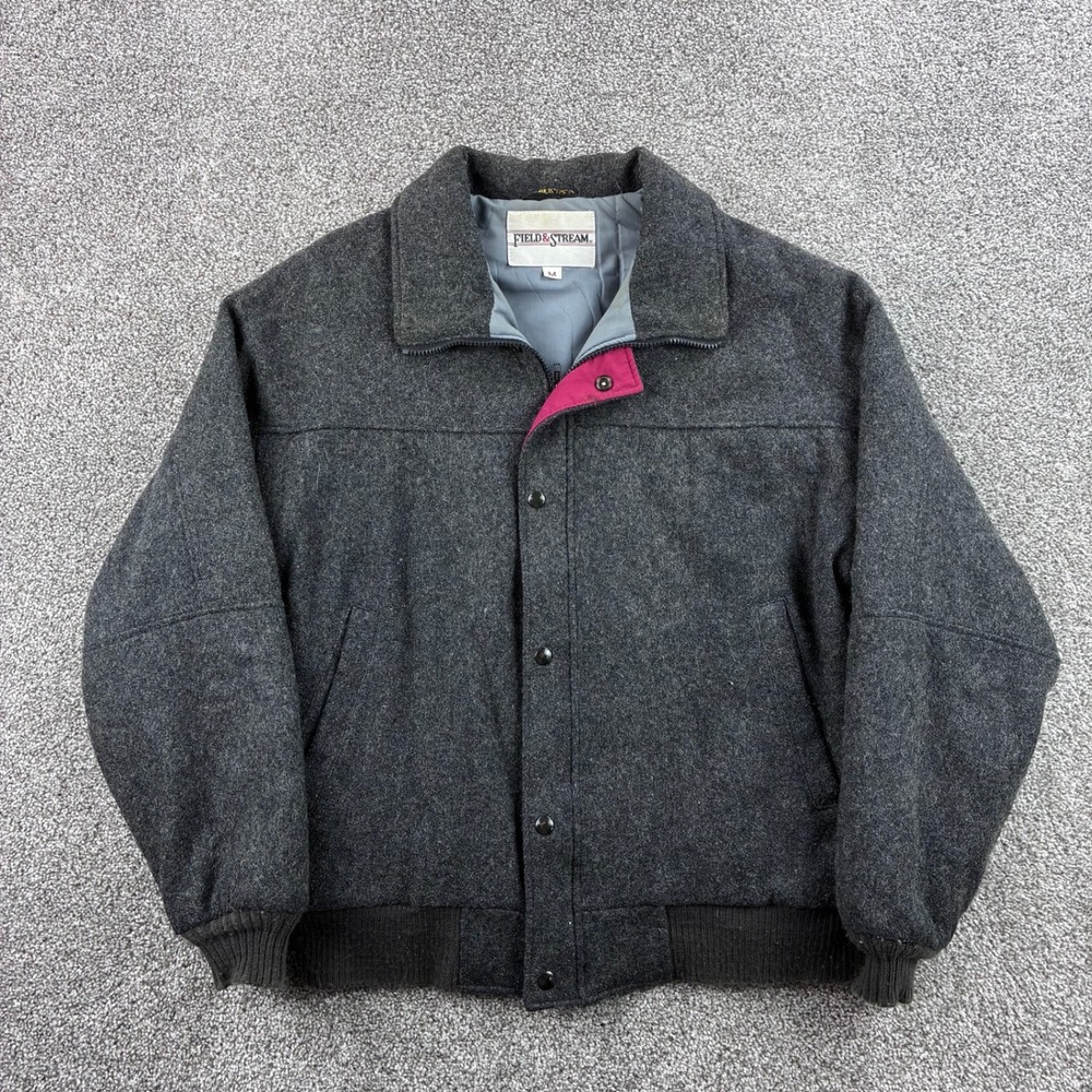 Vintage Field & Stream Bomber Jacket Mens M Gray Wool Blend Full Zip Insulated